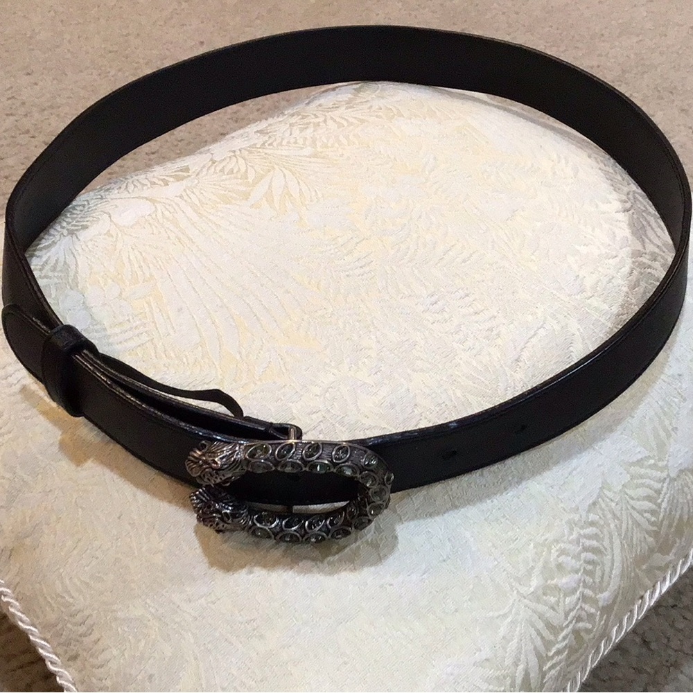 Gucci Black Belt with Intricate Silver Buckle